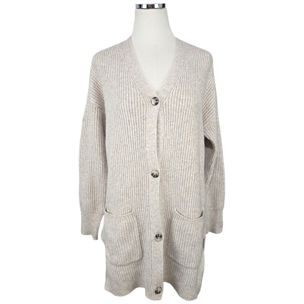 Jessica Simpson Cardigan L Beige Longline Chunky Rib Knit Button Pocket Sweater